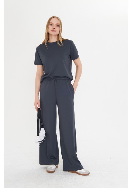 Antrasit Kadın Modal Kumaş Kısa Kolu Eşofman Takımı