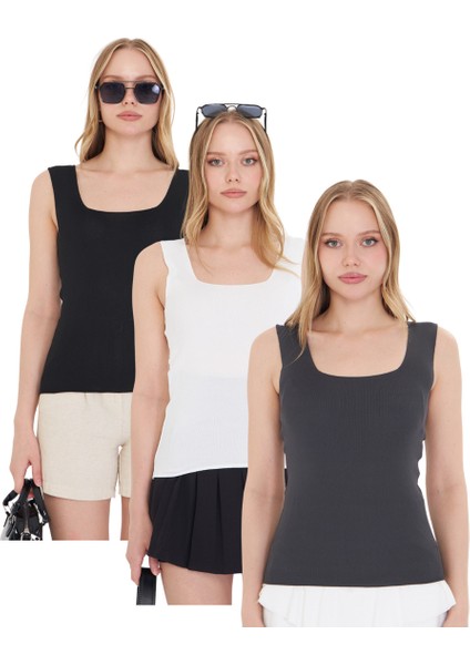 Kadın Kolsuz Kalın Askılı Ince Yazlık Kare Yaka Triko Atlet 3'lü Set