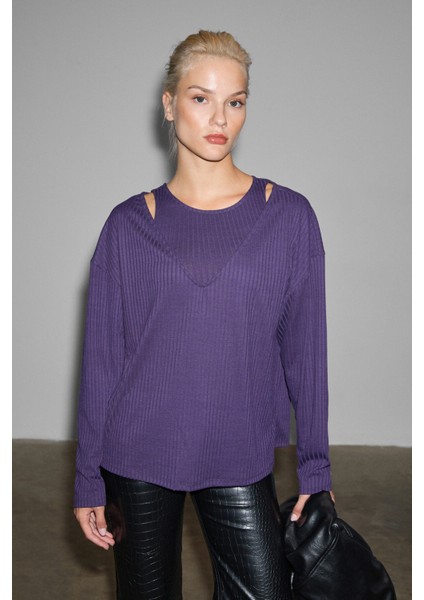 ZARREUS Kadın Omuz Dekolteli Esnek Kumaşlı Rahat Kalıp Mor Bluz