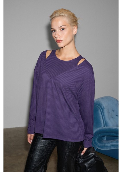 ZARREUS Kadın Omuz Dekolteli Esnek Kumaşlı Rahat Kalıp Mor Bluz modelleri