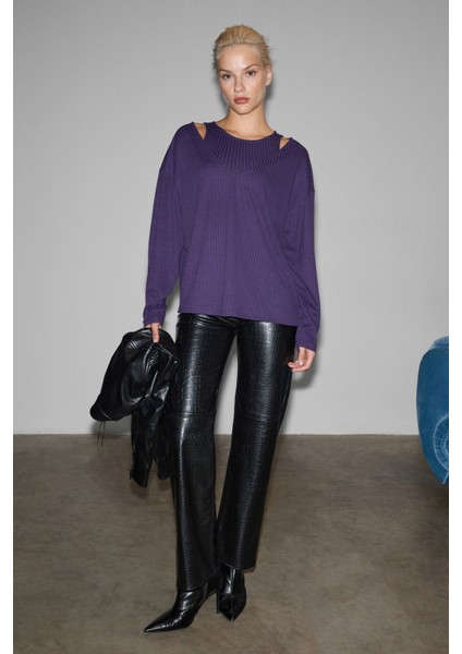 ZARREUS Kadın Omuz Dekolteli Esnek Kumaşlı Rahat Kalıp Mor Bluz fırsatları