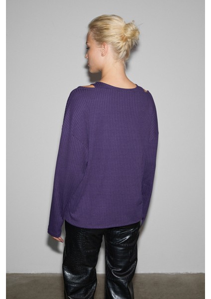 ZARREUS Kadın Omuz Dekolteli Esnek Kumaşlı Rahat Kalıp Mor Bluz indirimleri