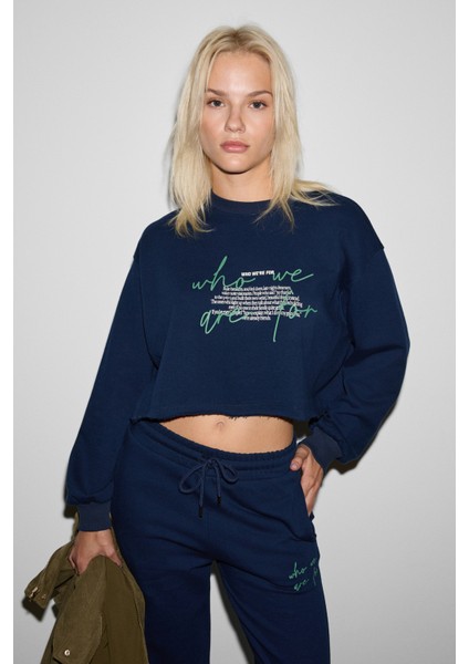 QERKS Kadın Baskı Detaylı Oversize Lacivert Sweatshirt