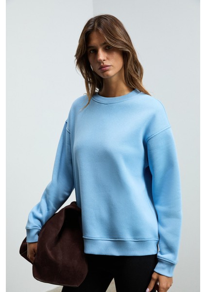 SUSANA Kadın Bisiklet Yaka İçi Polarlı Oversize Fit Basic Mavi Sweatshirt fiyatları