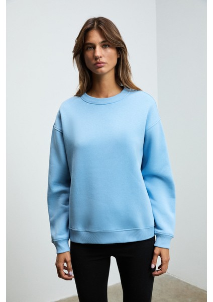 SUSANA Kadın Bisiklet Yaka İçi Polarlı Oversize Fit Basic Mavi Sweatshirt modelleri