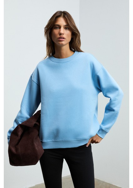 SUSANA Kadın Bisiklet Yaka İçi Polarlı Oversize Fit Basic Mavi Sweatshirt fırsatları