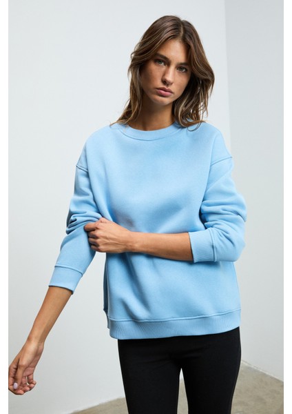 SUSANA Kadın Bisiklet Yaka İçi Polarlı Oversize Fit Basic Mavi Sweatshirt indirimleri