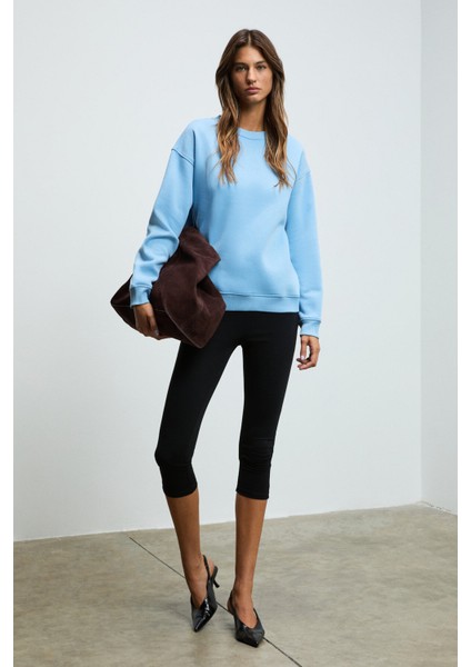 SUSANA Kadın Bisiklet Yaka İçi Polarlı Oversize Fit Basic Mavi Sweatshirt