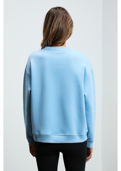 SUSANA Kadın Bisiklet Yaka İçi Polarlı Oversize Fit Basic Mavi Sweatshirt