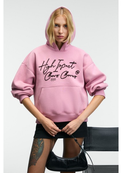 KIKRES Kadın Kapüşonlu Nakış Detaylı Oversize Koyu Pembe Sweatshirt