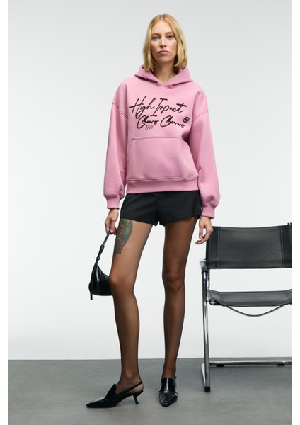 KIKRES Kadın Kapüşonlu Nakış Detaylı Oversize Koyu Pembe Sweatshirt fiyatları