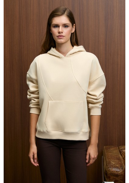 ELYRA Kadın Oversize Dikiş Detaylı Kapüşonlu Vizon Sweatshirt