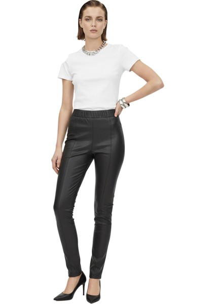 Siyah Kadın Beli Lastikli Cepsiz Tayt Hakiki Streç Deri Pantolon