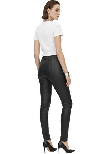 Siyah Kadın Beli Lastikli Cepsiz Tayt Hakiki Streç Deri Pantolon fiyatları