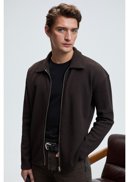 CRIMSON Erkek Waffle Özel Dokulu Fermuarlı Süs Etiketli Acı Kahve Ceket