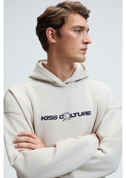 TRUETT Erkek Kapüşonlu Kanguru Cepli Önü Ve Sırtı Baskılı Oversize Gri Sweatshirt