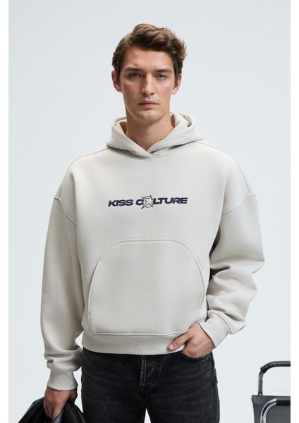 TRUETT Erkek Kapüşonlu Kanguru Cepli Önü Ve Sırtı Baskılı Oversize Gri Sweatshirt fiyatları