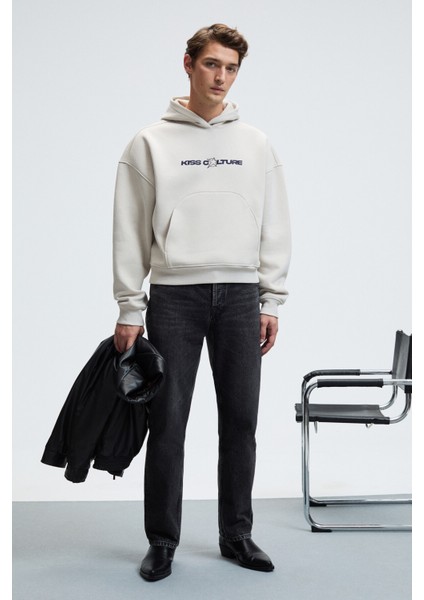 TRUETT Erkek Kapüşonlu Kanguru Cepli Önü Ve Sırtı Baskılı Oversize Gri Sweatshirt modelleri