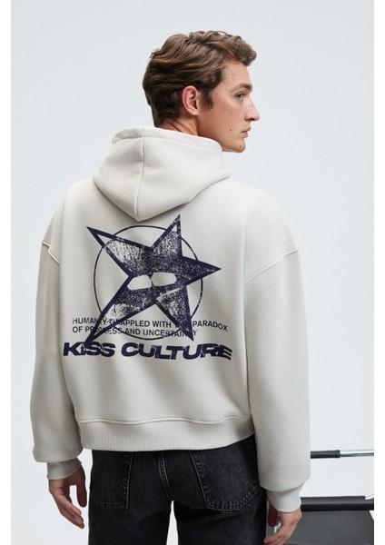 TRUETT Erkek Kapüşonlu Kanguru Cepli Önü Ve Sırtı Baskılı Oversize Gri Sweatshirt indirimleri