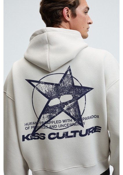 TRUETT Erkek Kapüşonlu Kanguru Cepli Önü Ve Sırtı Baskılı Oversize Gri Sweatshirt