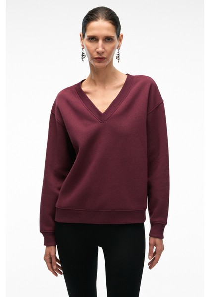 ARINEL Kadın V Yaka Regular Fit Bordo Sweatshirt