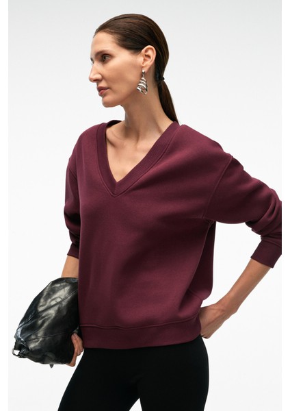ARINEL Kadın V Yaka Regular Fit Bordo Sweatshirt modelleri