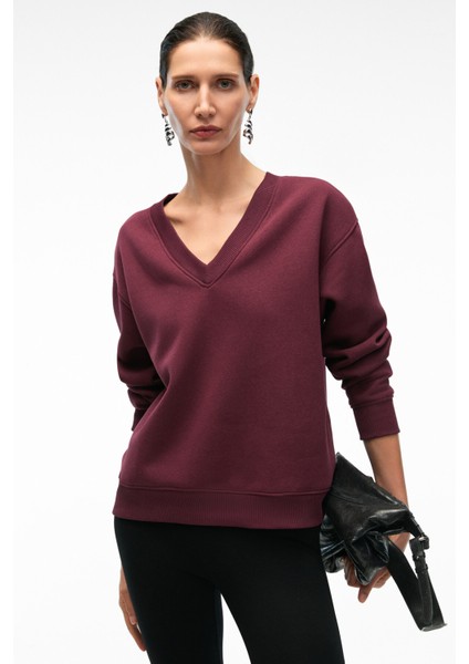 ARINEL Kadın V Yaka Regular Fit Bordo Sweatshirt fırsatları