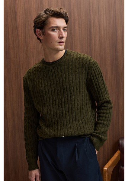 VINTLACE Erkek Yuvarlak Yaka Saç Örgü Desenli Regular Fit Triko Haki Kazak