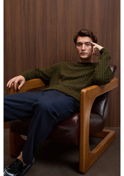 VINTLACE Erkek Yuvarlak Yaka Saç Örgü Desenli Regular Fit Triko Haki Kazak fırsatları