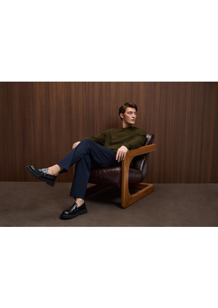 VINTLACE Erkek Yuvarlak Yaka Saç Örgü Desenli Regular Fit Triko Haki Kazak indirimleri