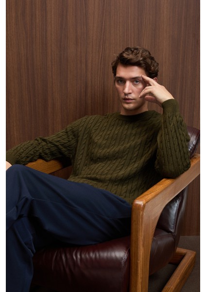 VINTLACE Erkek Yuvarlak Yaka Saç Örgü Desenli Regular Fit Triko Haki Kazak