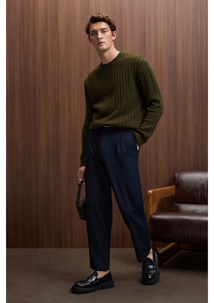 VINTLACE Erkek Yuvarlak Yaka Saç Örgü Desenli Regular Fit Triko Haki Kazak