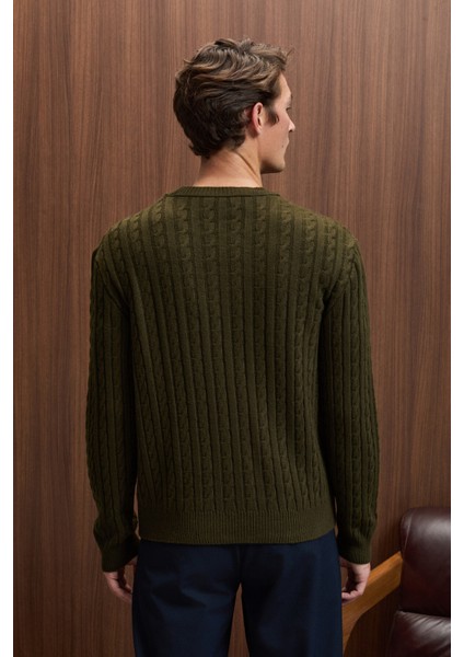 VINTLACE Erkek Yuvarlak Yaka Saç Örgü Desenli Regular Fit Triko Haki Kazak