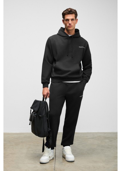 MARSHALLHOODIE Erkek Pamuklu İçi Polarlı Nakışlı Relaxed Siyah Eşofman Takımı