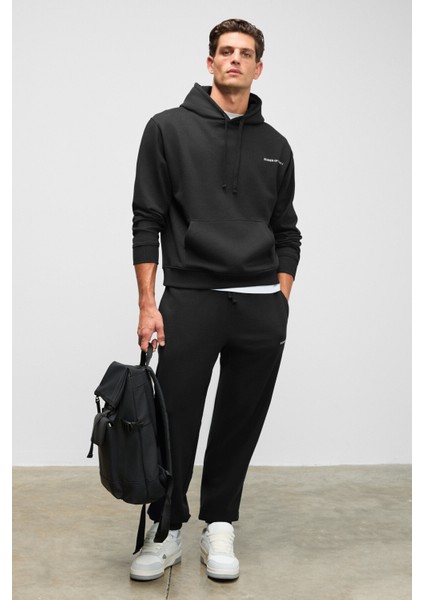 MARSHALLHOODIE Erkek Pamuklu İçi Polarlı Nakışlı Relaxed Siyah Eşofman Takımı fiyatları