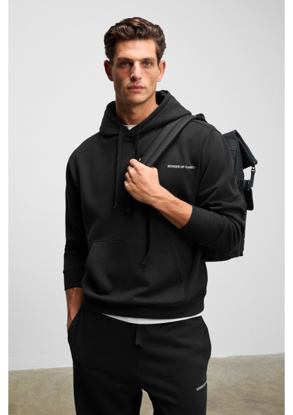 MARSHALLHOODIE Erkek Pamuklu İçi Polarlı Nakışlı Relaxed Siyah Eşofman Takımı fırsatları