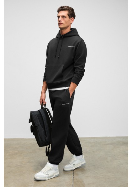 MARSHALLHOODIE Erkek Pamuklu İçi Polarlı Nakışlı Relaxed Siyah Eşofman Takımı