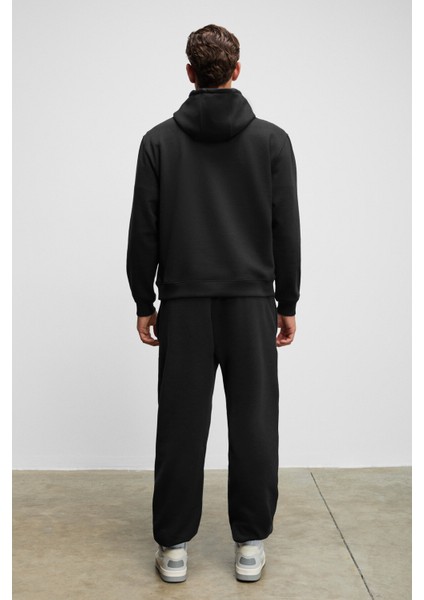 MARSHALLHOODIE Erkek Pamuklu İçi Polarlı Nakışlı Relaxed Siyah Eşofman Takımı