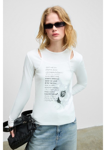 ZARABI Kadın Yumuşak Kumaşlı Halter Yakalı Uzun Kollu Beyaz T-Shirt