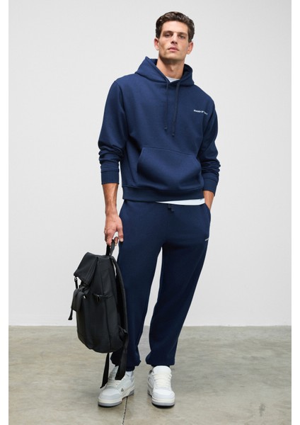 MARSHALLHOODIE Erkek Pamuklu İçi Polarlı Nakışlı Relaxed Koyu Lacivert Eşofman Takımı modelleri