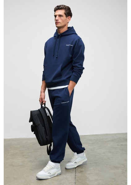MARSHALLHOODIE Erkek Pamuklu İçi Polarlı Nakışlı Relaxed Koyu Lacivert Eşofman Takımı fırsatları