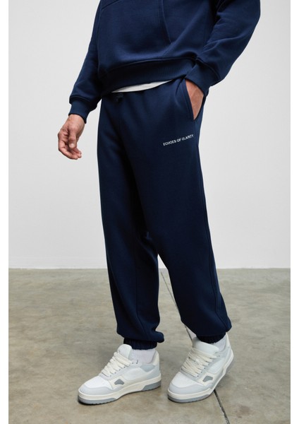 MARSHALLHOODIE Erkek Pamuklu İçi Polarlı Nakışlı Relaxed Koyu Lacivert Eşofman Takımı