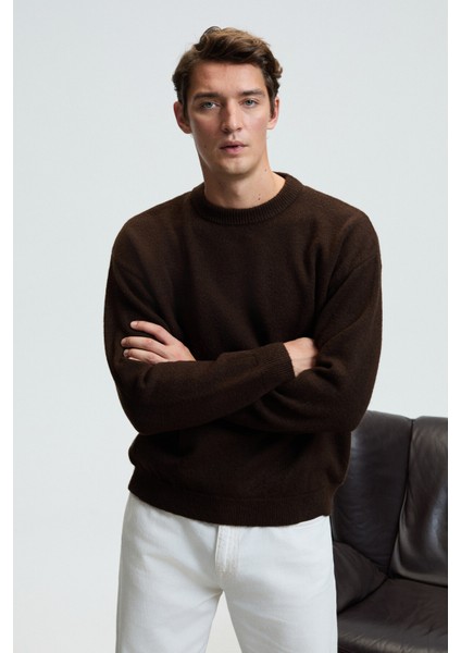 TROMSO Erkek Pofuduk Yumusacık Recyle Bisiklet yakalı Triko Kahverengi Kazak