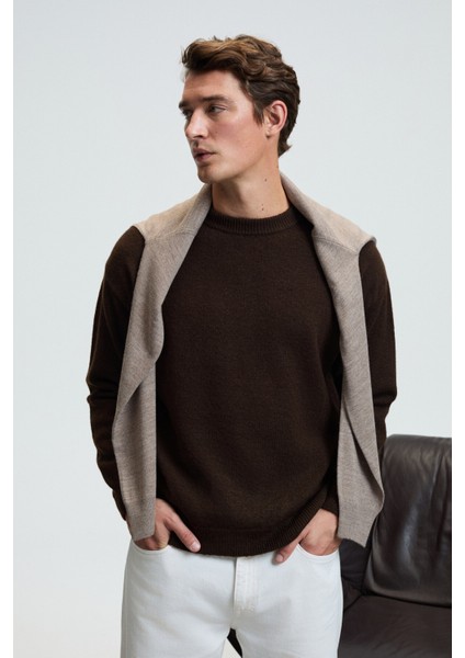 TROMSO Erkek Pofuduk Yumusacık Recyle Bisiklet yakalı Triko Kahverengi Kazak indirimleri