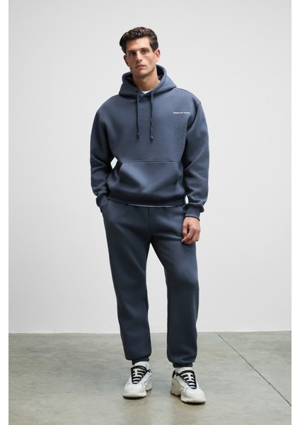 MARSHALLHOODIE Erkek Pamuklu İçi Polarlı Nakışlı Relaxed Koyu Gri Eşofman Takımı