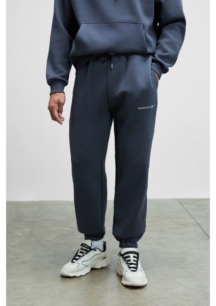 MARSHALLHOODIE Erkek Pamuklu İçi Polarlı Nakışlı Relaxed Koyu Gri Eşofman Takımı