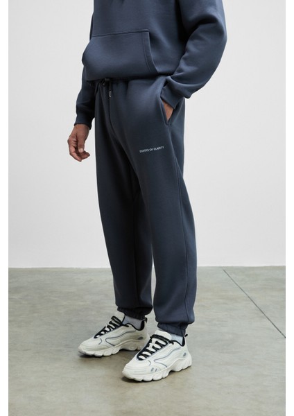 MARSHALLHOODIE Erkek Pamuklu İçi Polarlı Nakışlı Relaxed Koyu Gri Eşofman Takımı