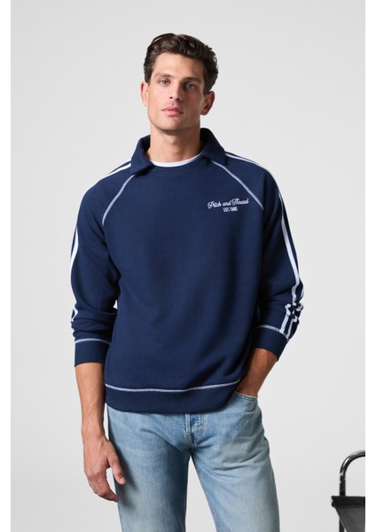 CASIMIR Erkek Göğsü Nakışlı Karyoka Dikişli Omuz Ve Kolları Şeritli Ribanalı Polo Yaka Lacivert Swea