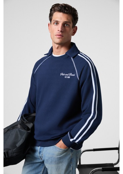 CASIMIR Erkek Göğsü Nakışlı Karyoka Dikişli Omuz Ve Kolları Şeritli Ribanalı Polo Yaka Lacivert Swea fiyatları
