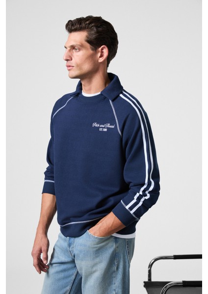 CASIMIR Erkek Göğsü Nakışlı Karyoka Dikişli Omuz Ve Kolları Şeritli Ribanalı Polo Yaka Lacivert Swea modelleri